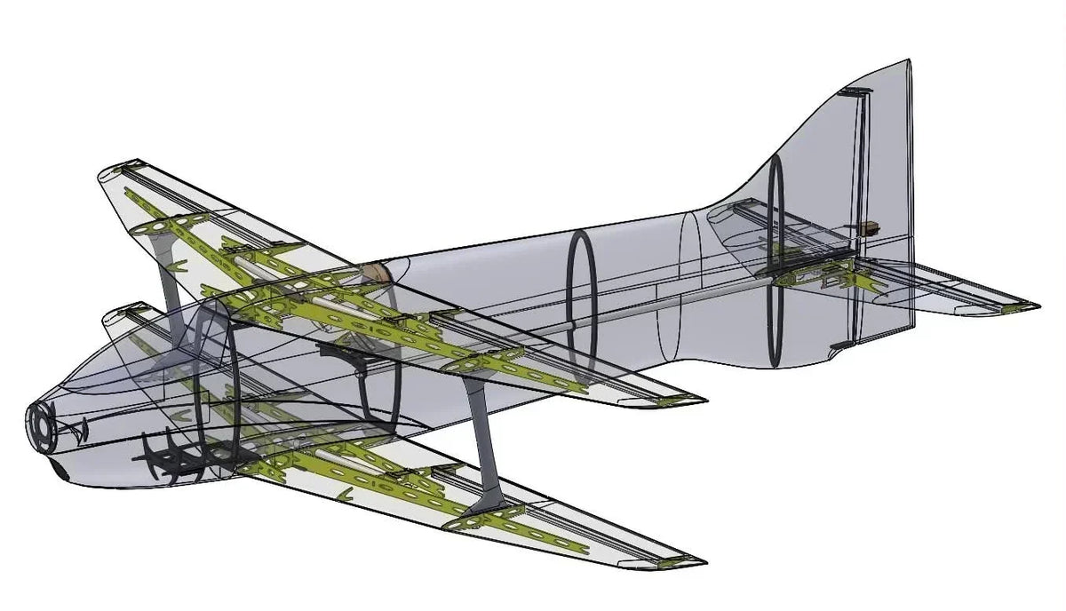 CAD render of the Glacial V5 F3A biplane showing the internal structure: wing spars and ribs, fuselage formers, wing struts and the carbon stab tube