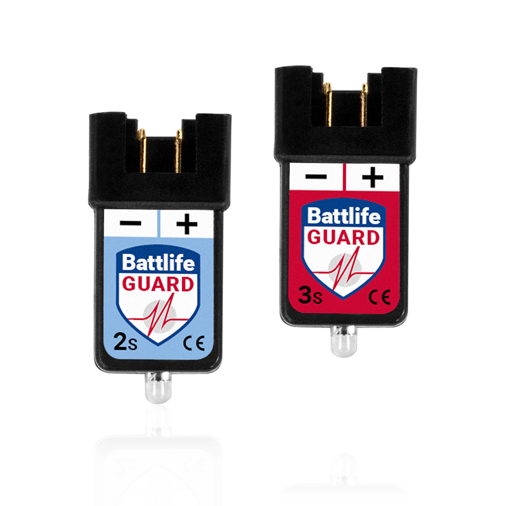 PowerBox Batt Life Guard 2S with blue label next to the 3S with red label