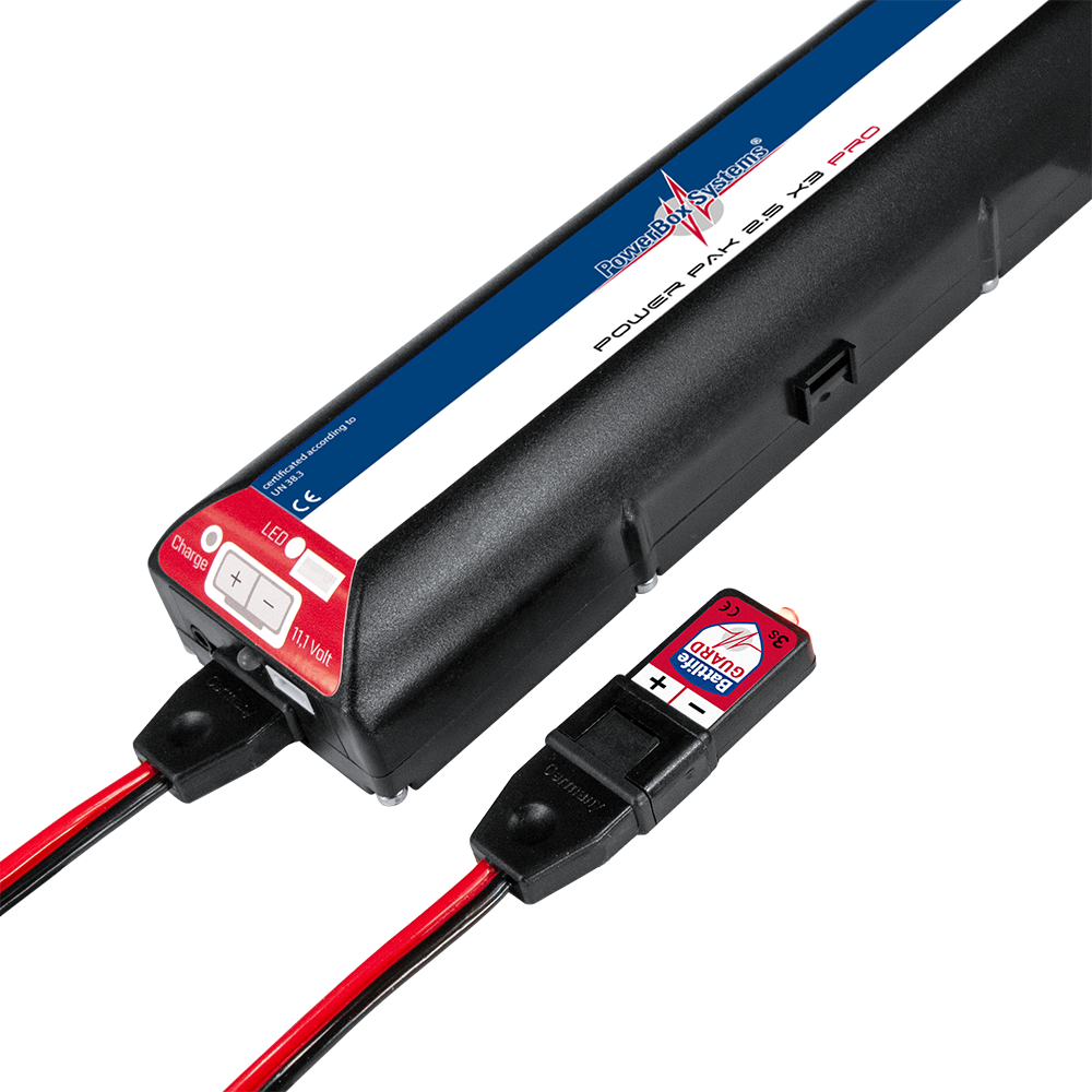 PowerBox Batt Life Guard 3S plugged into the discharge lead of a PowerBox PowerPak 2.5 x 3 Pro