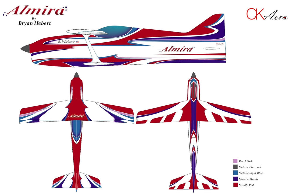 CK Aero Almira Bipe colour swap example rendering in yellow, orange and purple, side, top and bottom views