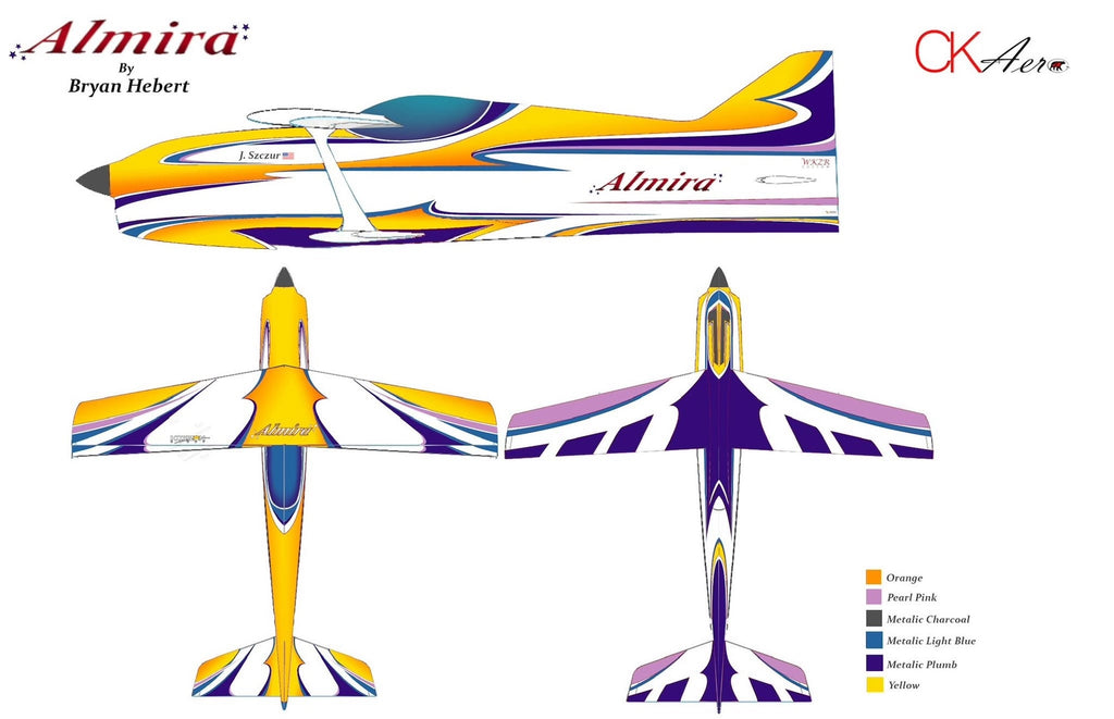 CK Aero Almira Bipe by Bryan Hebert, red, white and purple standard scheme rendering, side, top and bottom views