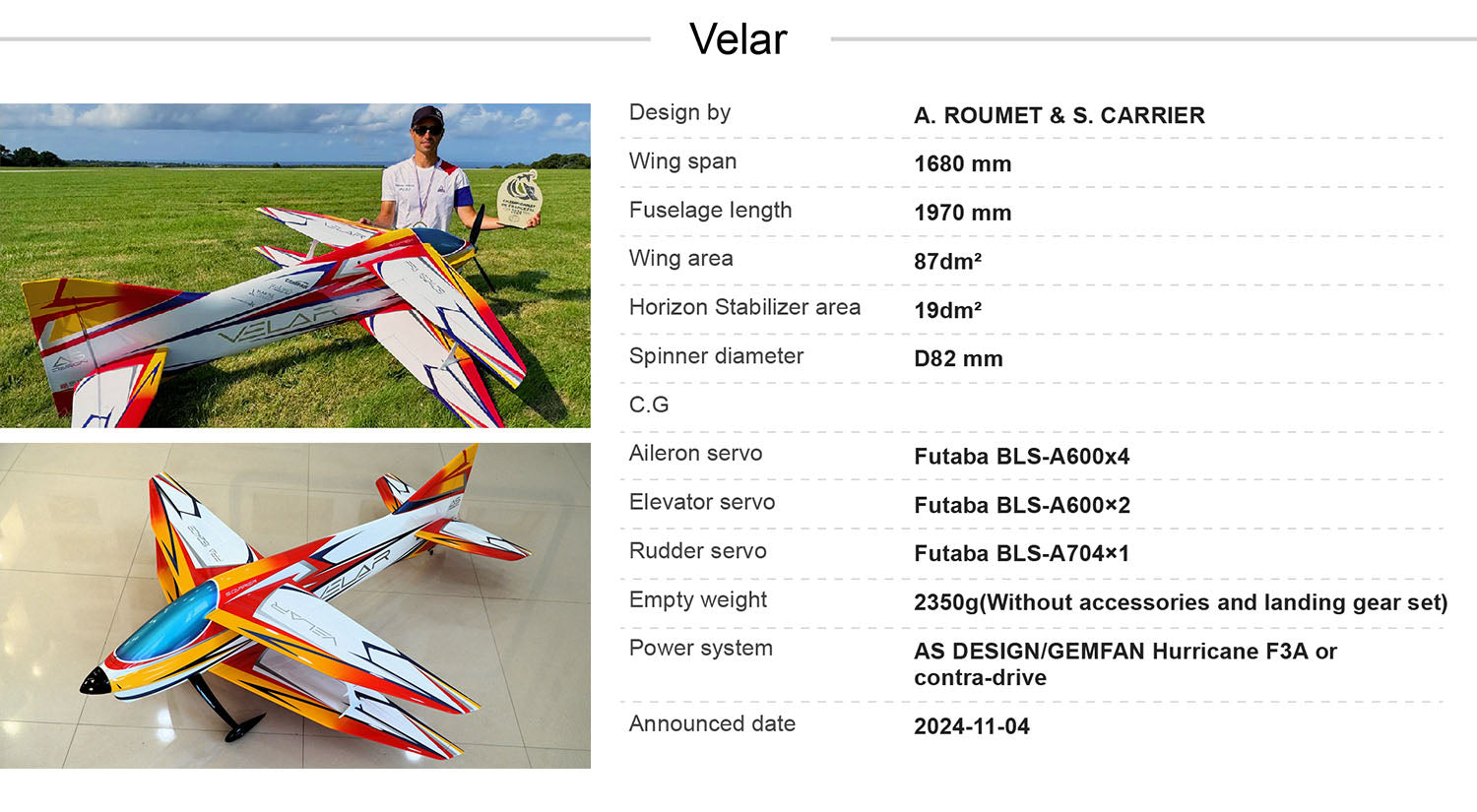 Hui Yang Professional F3A Velar Bipe EP RC Model Aircraft