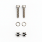 M2 hardware set laid out: two M2 x 10mm stainless cap head screws, two M2 flat washers and two M2 stainless nyloc nuts