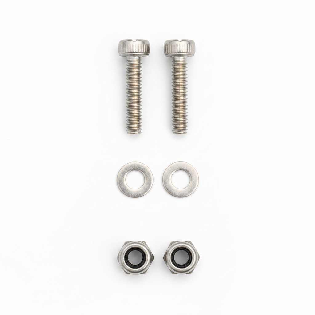 M2 hardware set laid out: two M2 x 10mm stainless cap head screws, two M2 flat washers and two M2 stainless nyloc nuts