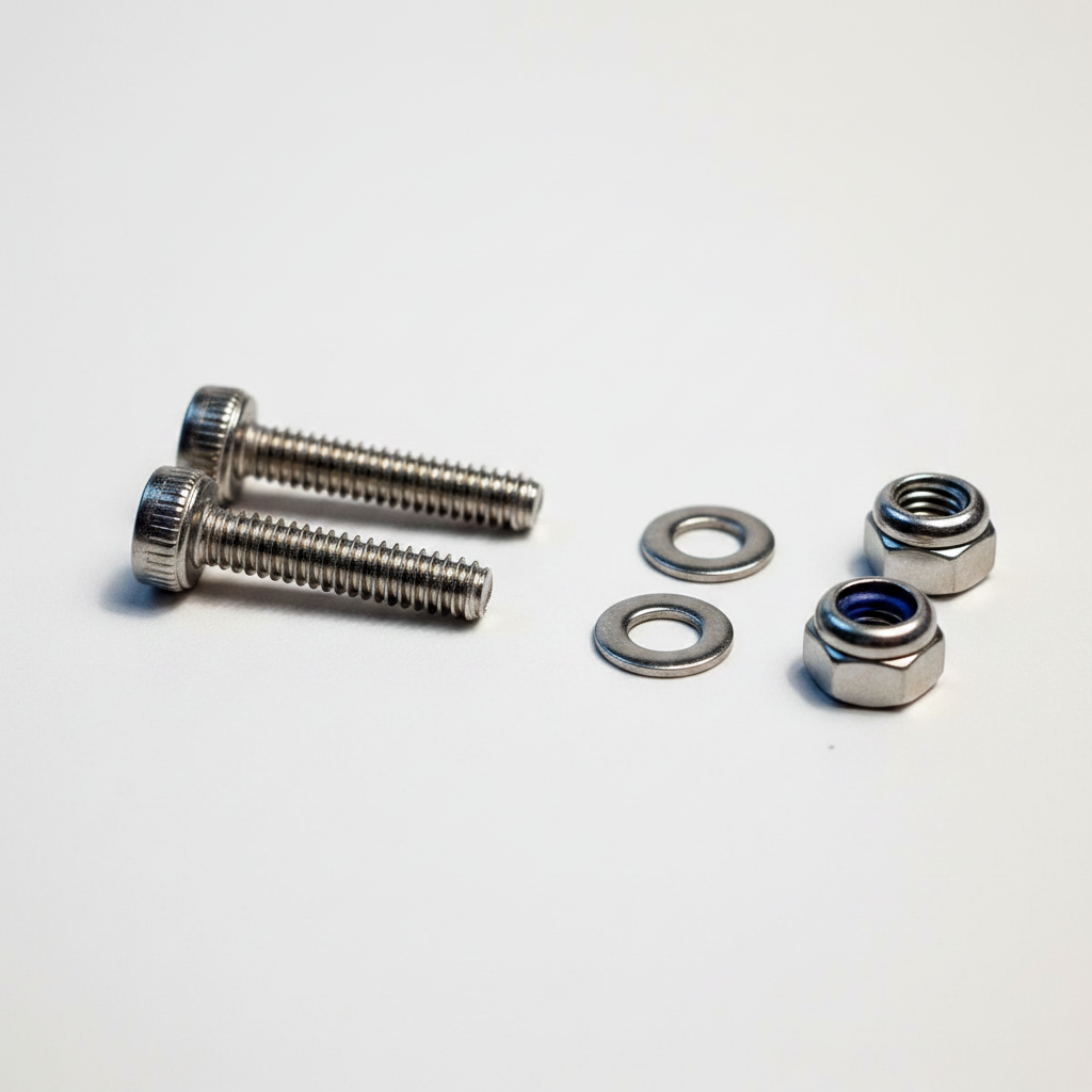 Close-up of the M2 x 10mm stainless cap head screws, flat washers and nyloc nuts for 2.5mm ball ends