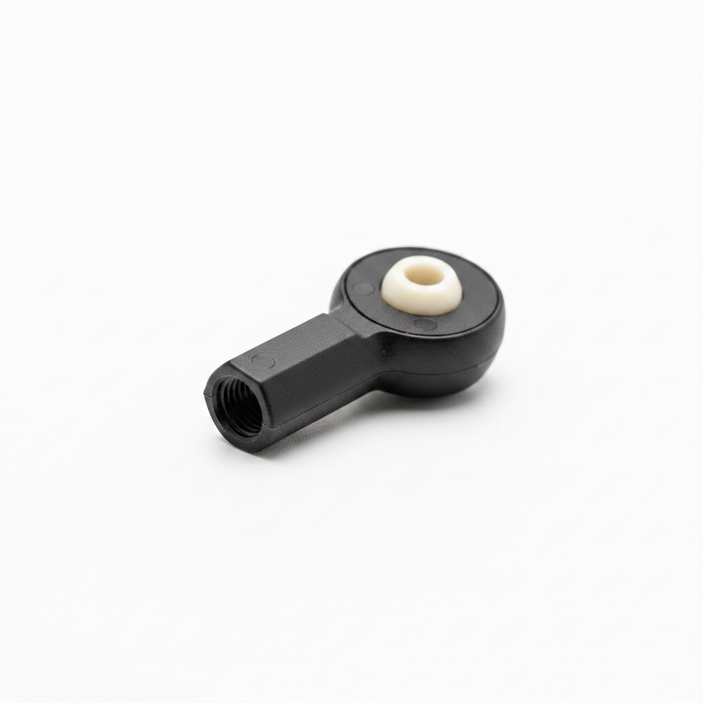 Precision Aero Products 2.5mm dual axis ball end showing the M2.5 internal thread for the pushrod and the ceramic ball