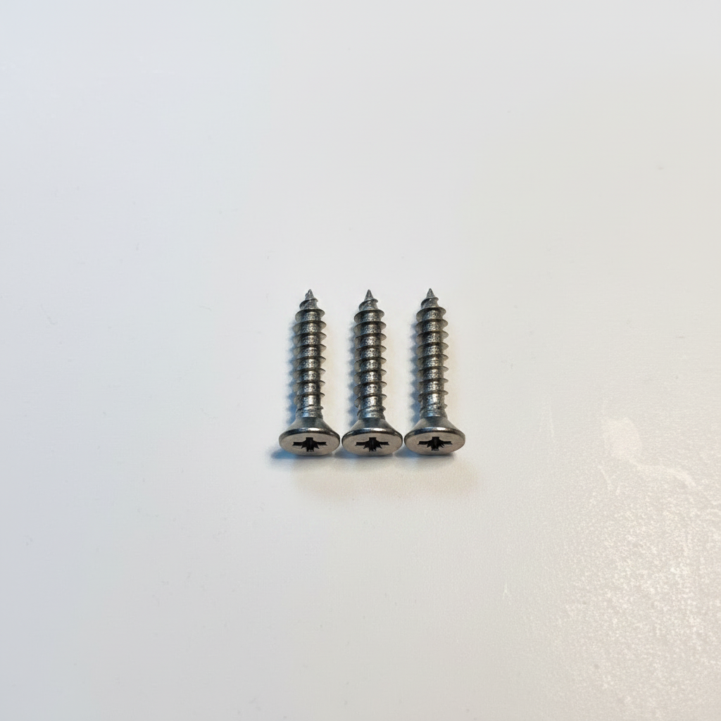 Three stainless steel self-tapping countersunk flat-head screws included with Hui Yang carbon control horn, neatly aligned in a row