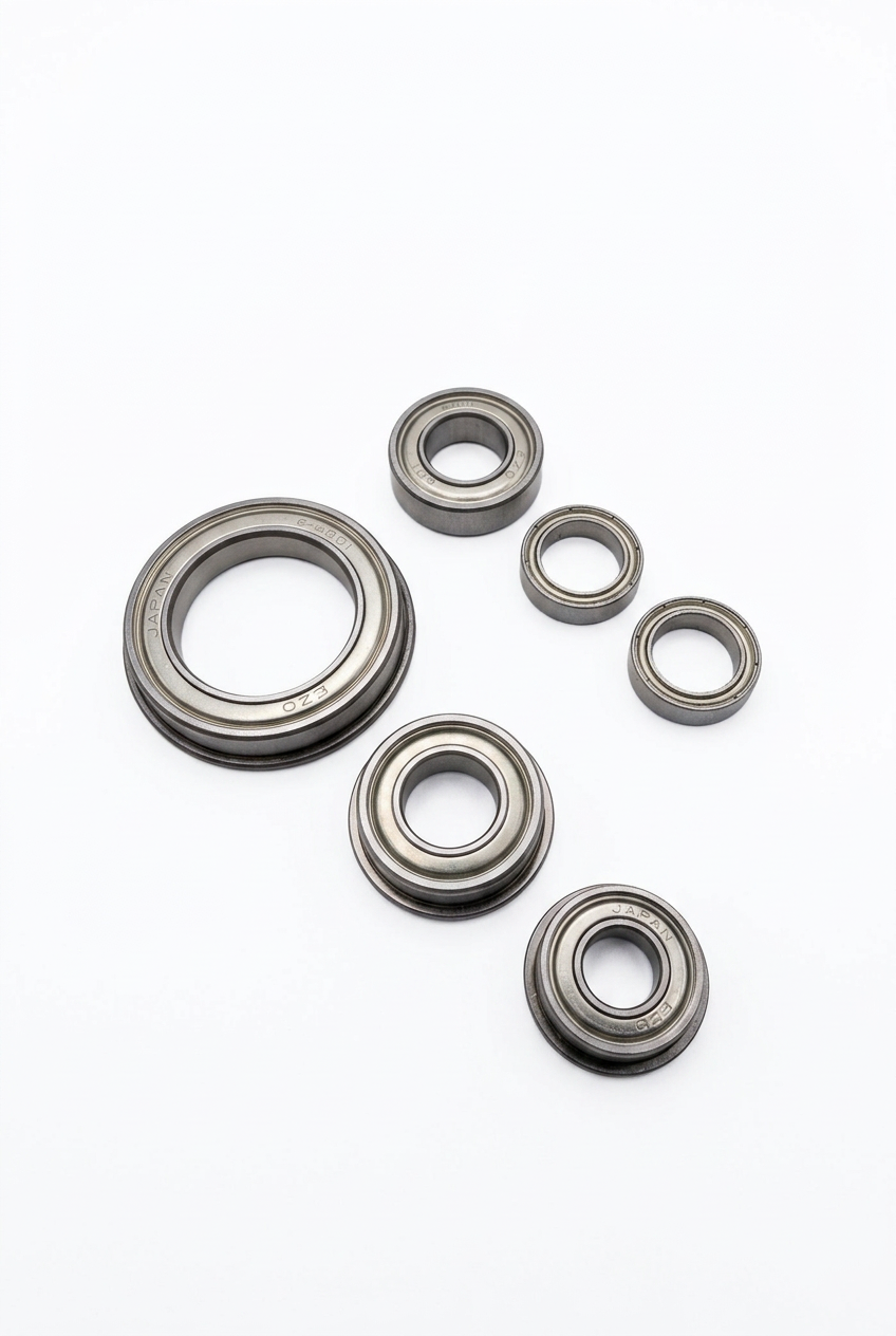 Six EZO bearings for the Adverrun XS V2/V3/V4 Contra system arranged diagonally on a white background