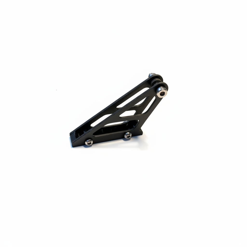 Hui Yang triangular carbon fibre control horn angled view showing lightweight cutout design and ball link hardware on pure white background