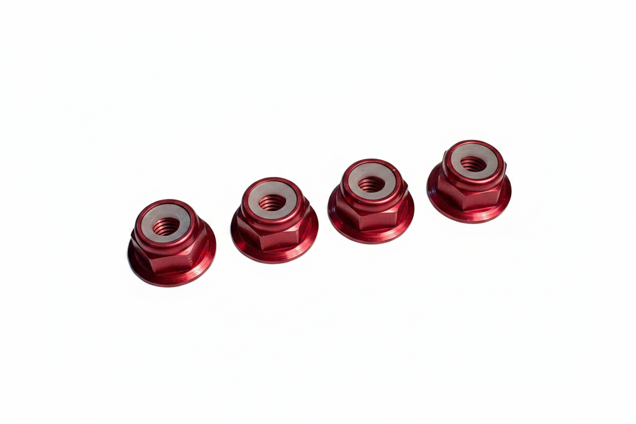 Ralph Schweizer Modeltechnic M4 red anodised aluminium lock nuts 4-pack 3/4 front view showing flanged base and nylon insert on white studio background