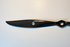 PT Model 23x20 rear contra carbon fibre propeller blade close-up with PT Model logo on white studio background