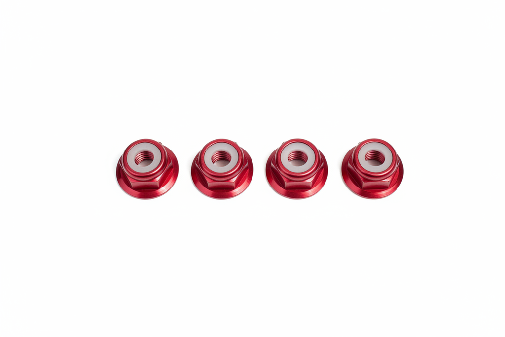 Ralph Schweizer Modeltechnic M4 red anodised aluminium lock nuts 4-pack top-down view showing white nylon inserts on white studio background