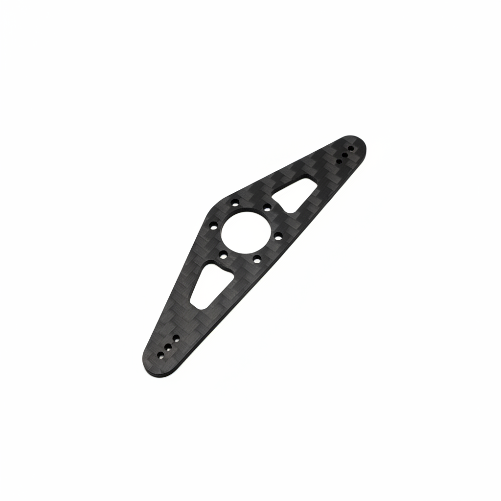 Precision Aero Products MKS rudder arm showing the MKS 6mm hub bolt pattern and the three pull-pull holes each side