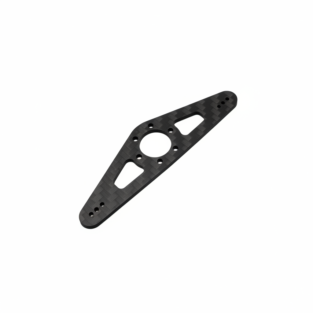 Precision Aero Products MKS rudder arm, 2.0mm carbon fibre pull-pull servo arm with holes at 60, 65 and 70mm centres, angled view