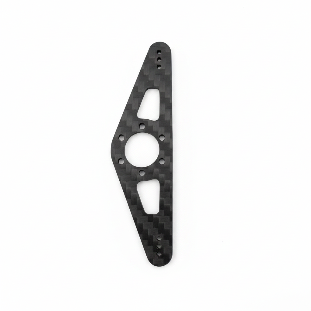 Precision Aero Products MKS rudder arm, top view, carbon fibre pull-pull arm for MKS 6mm servo hubs