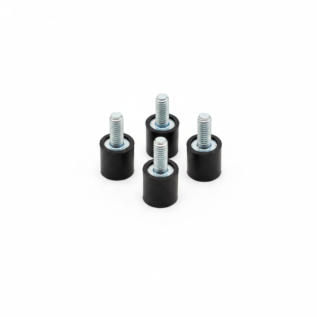 Four Precision Aero Products soft mount rubber isolators, 10 x 10mm 60 shore, M4 studs uppermost, grouped