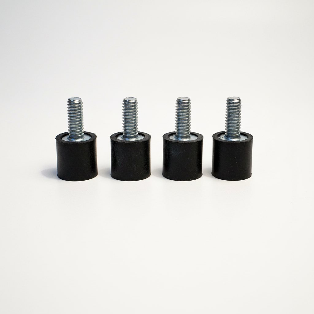 Four Precision Aero Products soft mount rubber isolators in a row showing the M4 stud on each 10 x 10mm rubber body