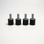 Four Precision Aero Products soft mount rubber isolators in a row showing the M4 stud on each 10 x 10mm rubber body